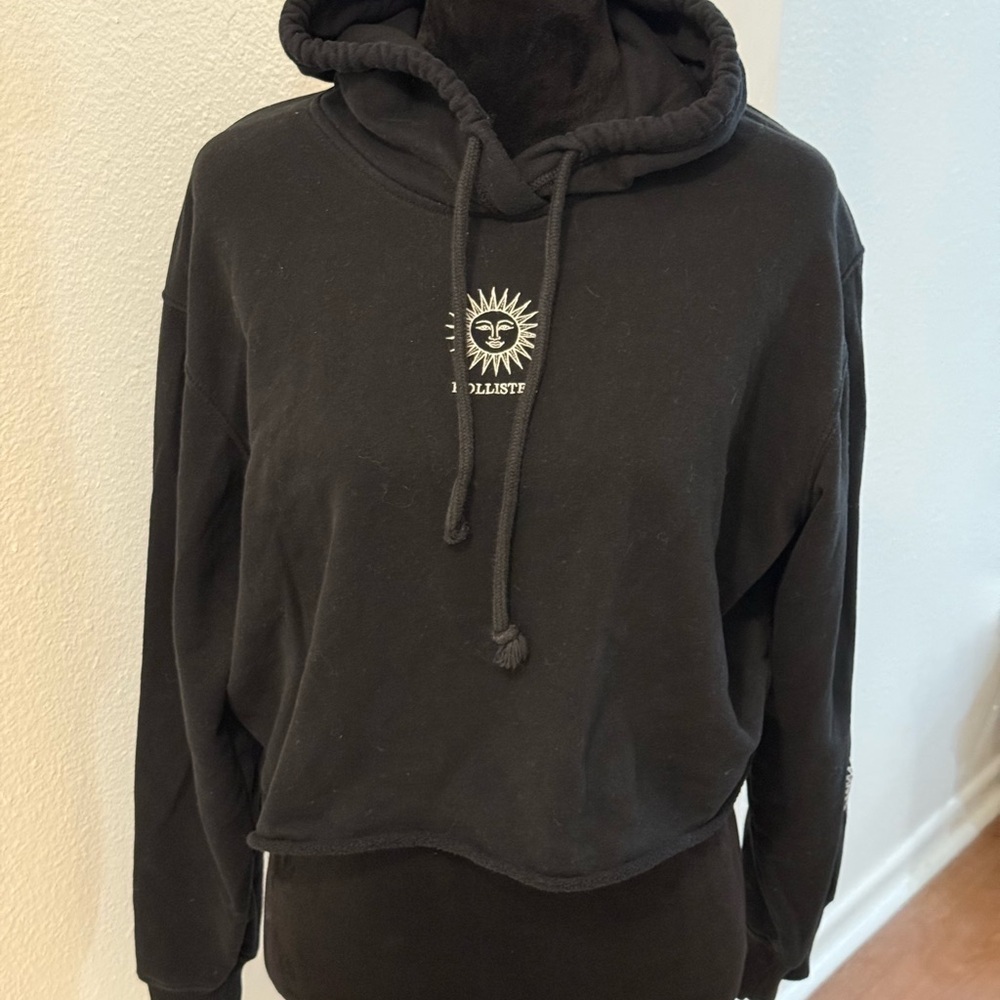 Hollister Black Crop Hoodie with Embroidered Sun Logo